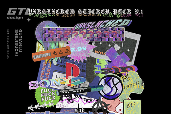 24款全息复古做旧撕裂不干胶标签贴纸PS设计素材 Vxkslxcked – Sticker Pack V. 1第10290期