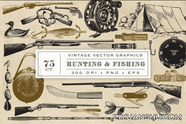 75个老式狩猎矢量插画设计Hunting Fishing Vector Graphics-第1795期-2