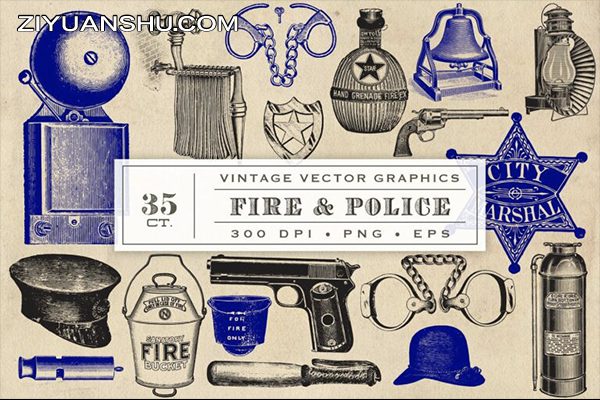 35款射击与警察复古矢量插画 Fire -amp; Police Vector Graphics-第1795期-1