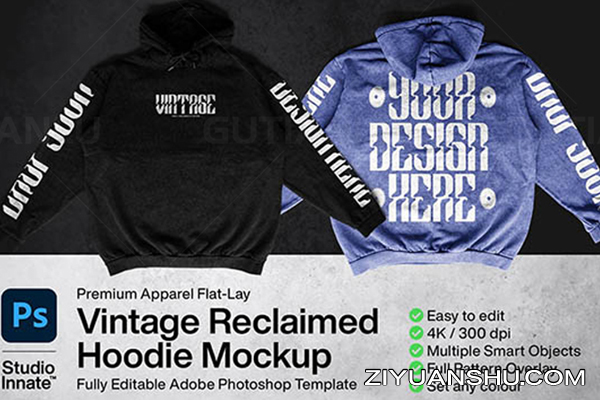 复古做旧质感连帽卫衣样机Vintage Reclaimed Hoodie Mockup- 第10085期