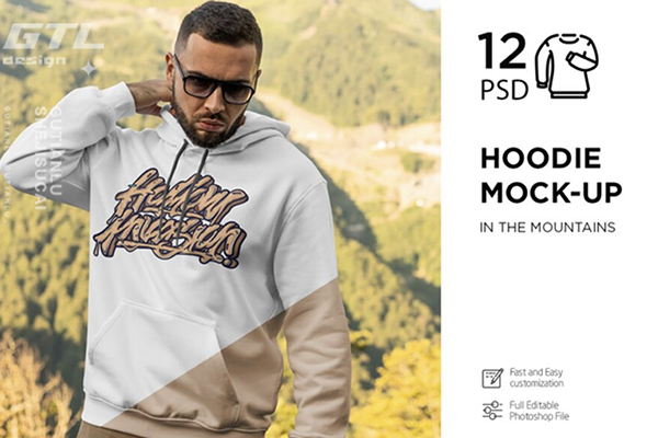 12款男士连衣帽卫衣样机模板 Hoodie Mockup Mountains-第10090期