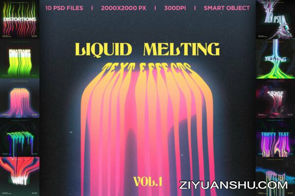 复古迷幻故障艺术液化文字特效PS模板 Liquid Melting Text Effects Vol.1-第1016期