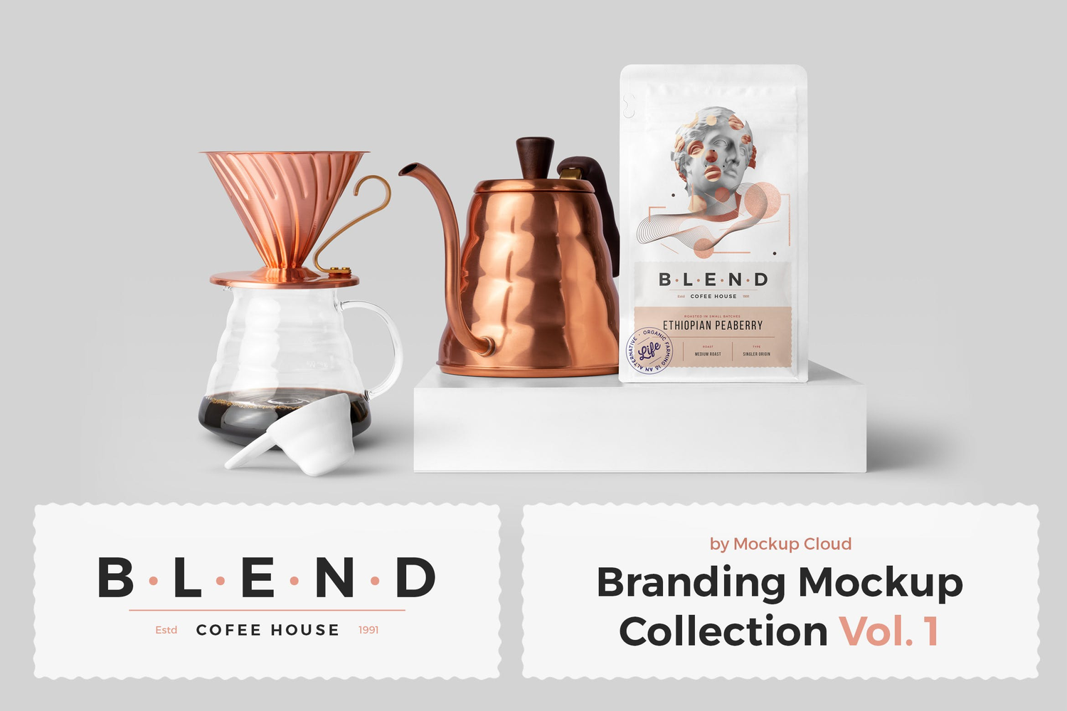 11款高端咖啡品牌VI包装设计场景PSD样机 Blend – Coffeehouse Branding Mockup Vol. 1 第212651期