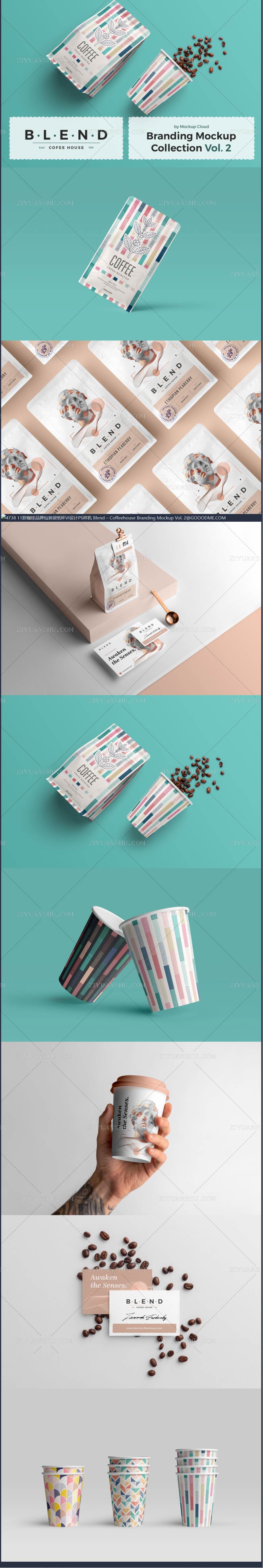 11款咖啡品牌包装袋纸杯VI设计PS样机 Blend – Coffeehouse Branding Mockup Vol. 2 第212652期