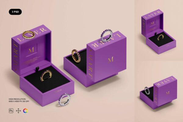 3款高档质感首饰戒指包装盒礼盒礼品盒设计展示PSD样机Jewelry Box Mockup Set2  第212661期